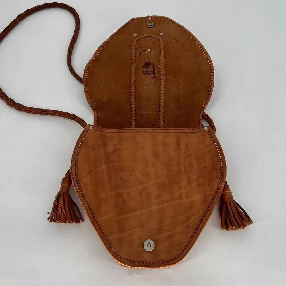 Vtg Four Winds‎ Leather Crossbody Brown Boho Hamsa Concho Morocco Braided Hippie